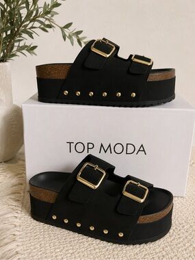 TOP Moda Black Platform Slide Sandals with Gold Buckles and Studs